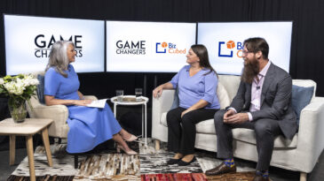 Zachary and Rebecca Zeus from BizCubed talk to Tracey Spicer on the set of Game Changers