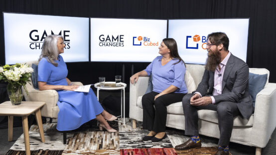 Zachary and Rebecca Zeus from BizCubed talk to Tracey Spicer on the set of Game Changers