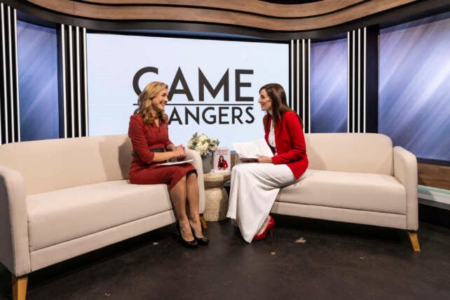 Janice Elsley on set of Game Changers with Gemma Acton
